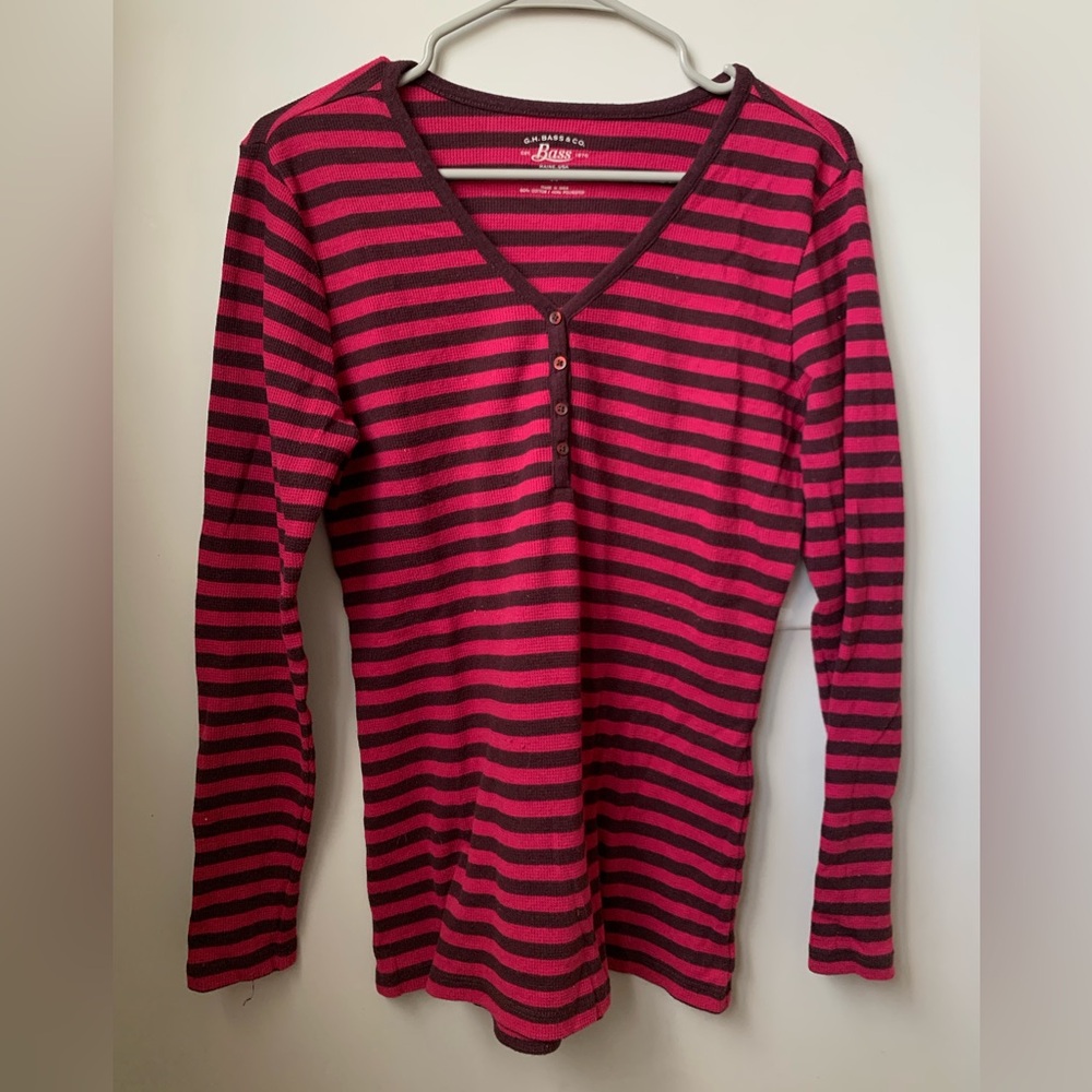 G.H. Bass & Co. Pink and Black Striped Long Sleeve Henley Top